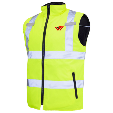 High-vis neon yellow reflective safety vest jacket with quilted lining and custom logo by JACX Wears