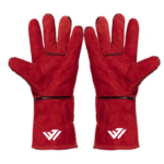 Heavy-duty red split cowhide leather welding gloves with extended long safety cuff and custom logo by JACX Wears