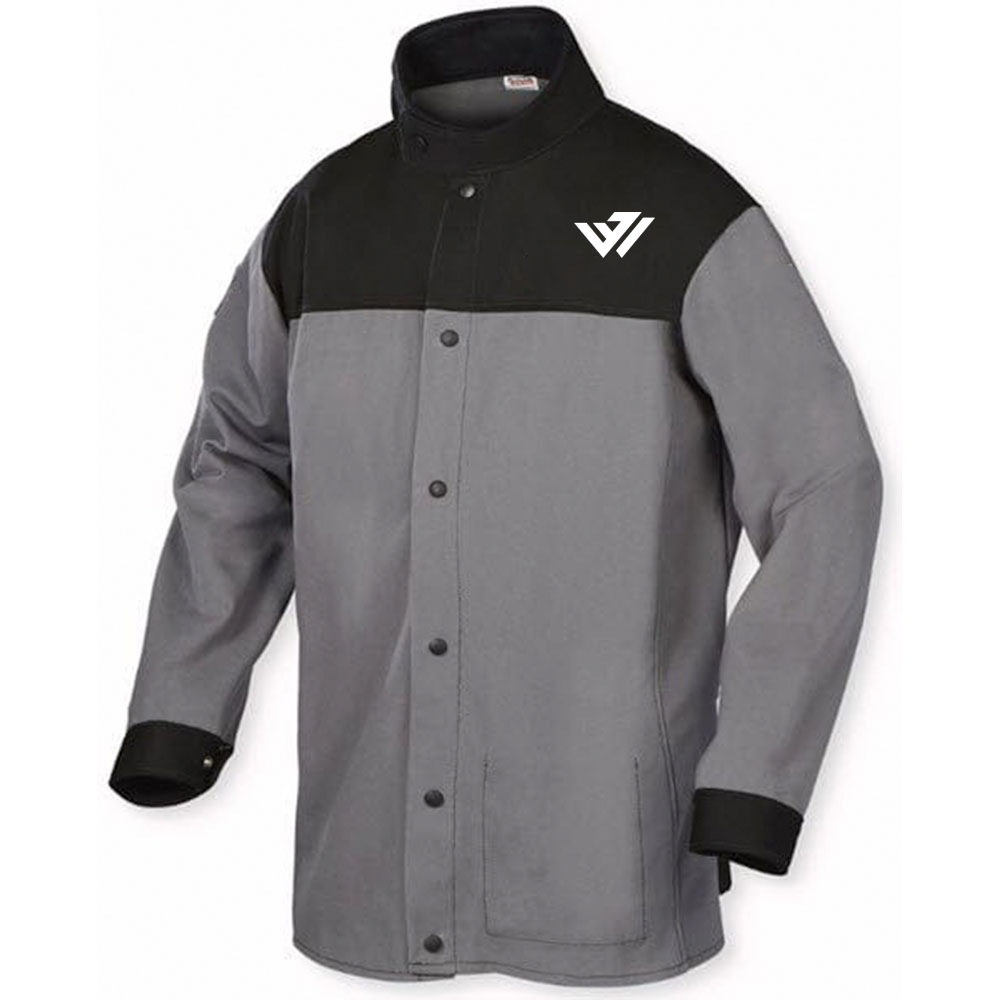 Custom Two-Tone Flame-Resistant Welding Jacket Wholesale Heavy-duty grey and black flame-resistant welding jacket with snap front closure and custom logo by JACX Wears