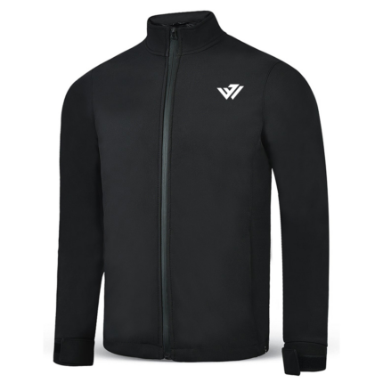 Custom black stand-collar softshell jacket with velcro cuffs by JACX Wears