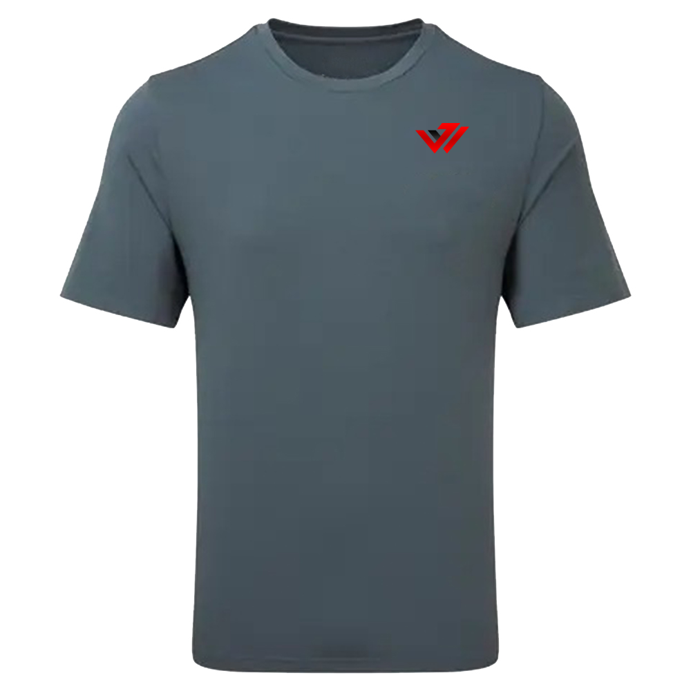 Dark grey custom shirt with red chest logo, perfect for personalized sports clothing Dark grey custom shirt with red chest logo, perfect for personalized sports clothing