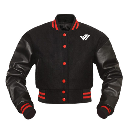 Custom bomber jacket in black with leather sleeves, red accents, and personalized chest logo
