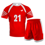 Custom red and white sublimated short-sleeve volleyball uniform set with sleeve stripes, front player number 21 print, and chest logo by JACX Wears