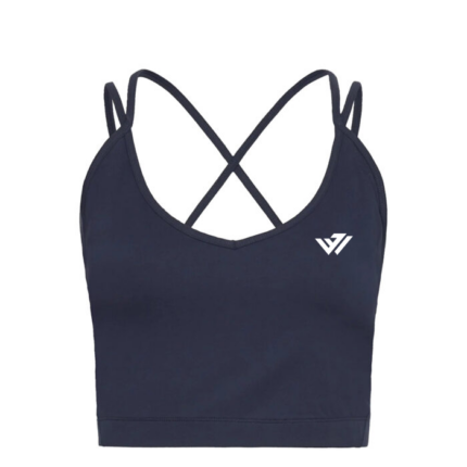 Women's dark navy V-neck cross-back longline sports bra with custom white logo by JACX Wears