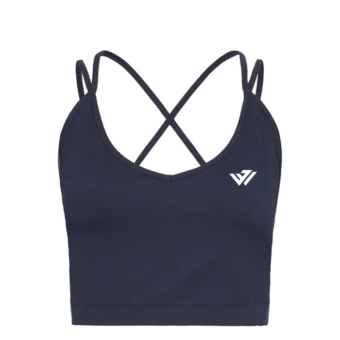 Custom Women's V-Neck Cross-Back Longline Sports Bra Women's dark navy V-neck cross-back longline sports bra with custom white logo by JACX Wears
