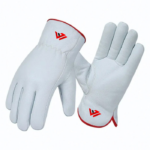 Premium white grain leather driver work gloves with red contrast piping and custom logo by JACX Wears