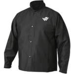 Heavy-duty black flame-resistant welding jacket with snap front closure and custom logo by JACX Wears