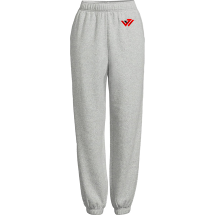 Light grey relaxed-fit fleece sweatpants with elastic cuffs and custom red logo embroidery by JACX Wears