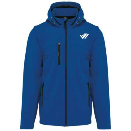 Custom royal blue hooded softshell jacket with chest zipper pocket by JACX Wears