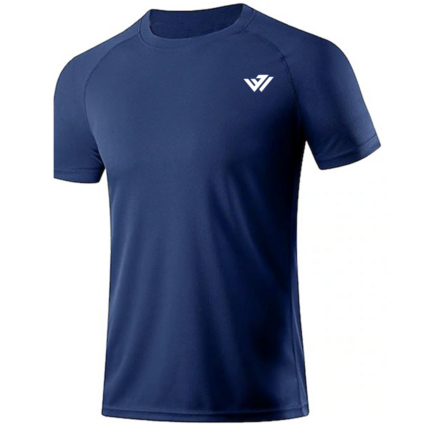 Navy blue short-sleeve raglan performance t-shirt with custom white logo on chest by JACX Wears