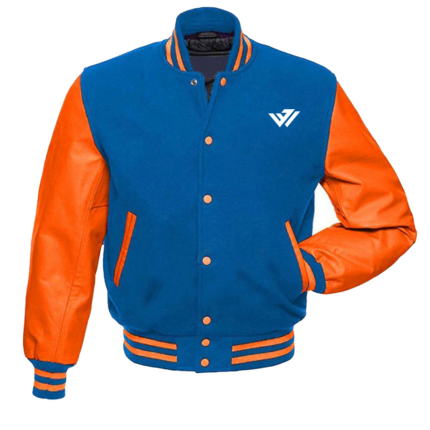 Custom royal blue wool varsity jacket with orange leather sleeves and striped ribbing by JACX Wears