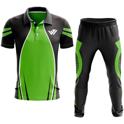 Custom short sleeve cricket uniform kit in black and neon green by JACX Wears