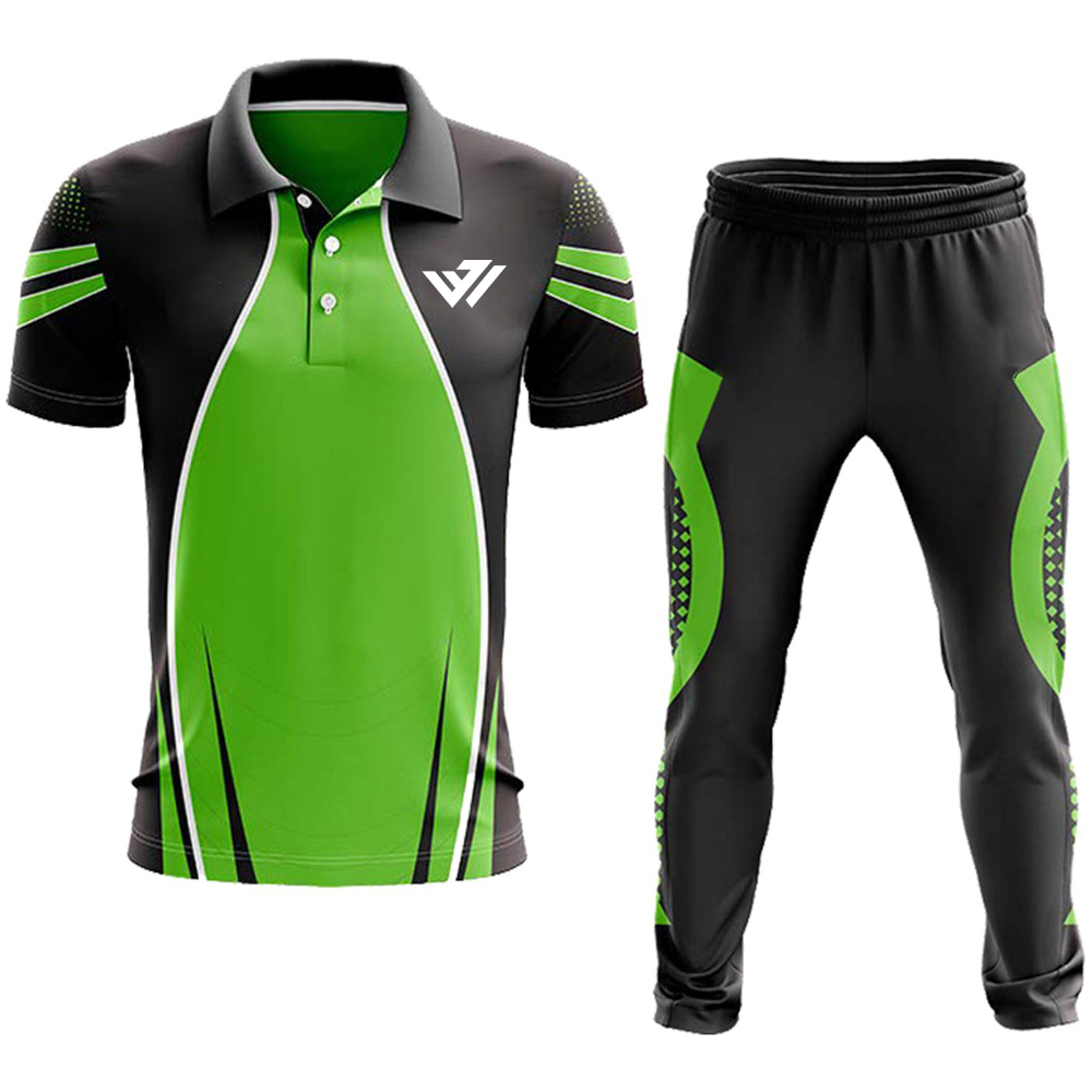 custom-short-sleeve-cricket-kit-black-green Custom short sleeve cricket uniform kit in black and neon green by JACX Wears