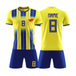 Custom sublimated soccer jersey and shorts uniform set with round neck collar, vertical stripe gradient pattern, custom player name, and number printing by JACX Wears