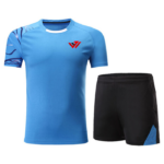 Custom sublimated tennis uniform set with round neck jersey, black shorts, and custom chest logo by JACX Wears