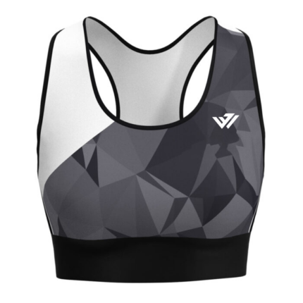 Women's sublimated grey and black geometric pattern racerback sports bra with custom white logo by JACX Wears