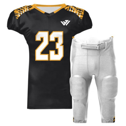 Custom American football uniform with black and gold jersey, white padded pants