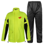 JacxWears 2-piece high-visibility rain suit featuring a neon yellow waterproof workwear jacket with black sleeves and matching black water-resistant work pants.