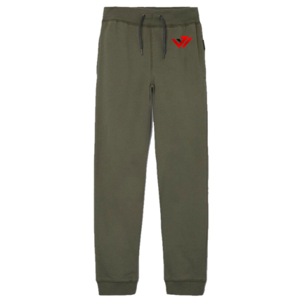 Olive green fleece jogger pants with dark drawstrings and custom red logo embroidery by JACX Wears