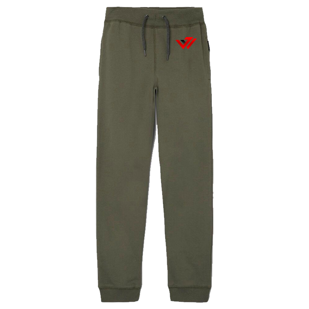 Custom Olive Fleece Jogger Pants Olive green fleece jogger pants with dark drawstrings and custom red logo embroidery by JACX Wears