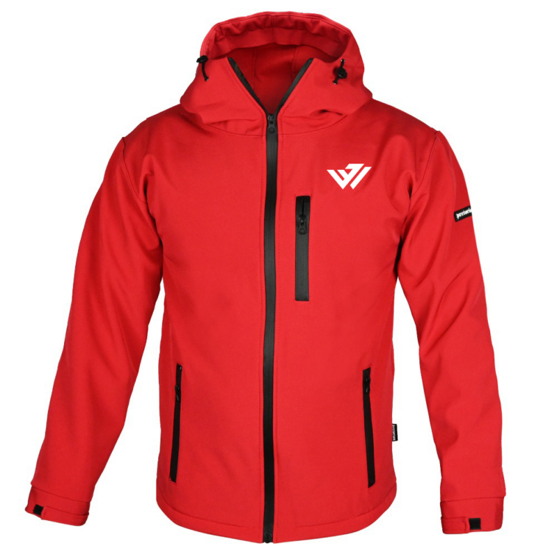 Custom red hooded softshell jacket with black waterproof zippers by JACX Wears
