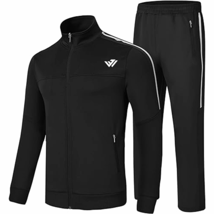 Custom men's black athletic tracksuit set with full zip jacket and matching joggers for wholesale custom apparel
