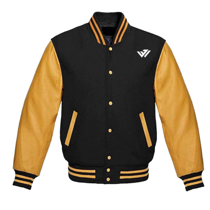 Custom black wool letterman varsity jacket with gold leather sleeves and striped ribbing by JACX Wears