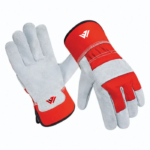 Heavy-duty red canvas and grey split cowhide leather rigger work gloves with rubberized safety cuff and custom logo by JACX Wears