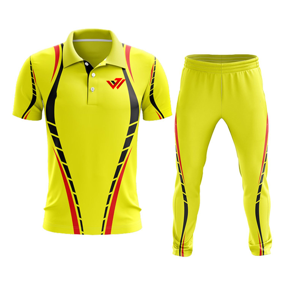Custom Yellow Sublimated Cricket Uniform Kit | JACX Wears Custom yellow sublimated cricket uniform kit with red and black paneling by JACX Wears