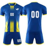Custom sublimated soccer jersey and shorts uniform set with round neck collar, vertical stripe gradient pattern, custom player name, and number printing by JACX Wears