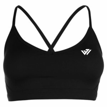 Women's black minimalist spaghetti strap cross-back sports bra with custom white logo by JACX Wears