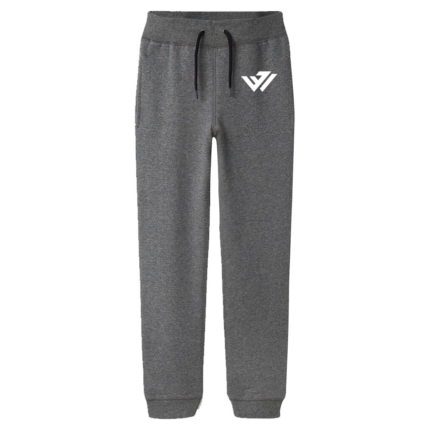 Dark charcoal heather fleece jogger sports pants with custom white logo print by JACX Wears