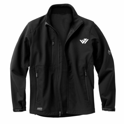 Custom black stand-collar softshell jacket with chest zipper pocket by JACX Wears
