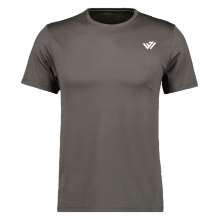Dark grey short-sleeve performance t-shirt with custom white logo print on chest by JACX Wears
