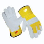 Heavy-duty yellow canvas and grey split cowhide leather rigger work gloves with rubberized safety cuff and custom logo by JACX Wears