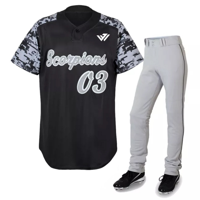 Black digital camo baseball jersey with grey pants – custom team uniform by JACX Wears