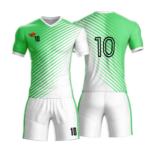 Custom sublimated soccer jersey and shorts uniform set with V-neck collar, diagonal stripe gradient pattern, and custom player number printing by JACX Wears