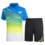 Custom blue and yellow sublimated men's tennis polo uniform set with black shorts and custom chest logo by JACX Wears