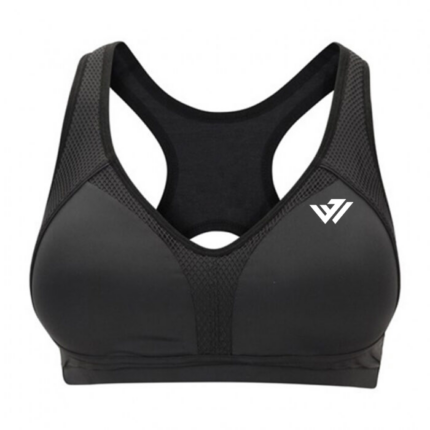 Women's black high-impact racerback sports bra with mesh inserts and custom chest logo by JACX Wears