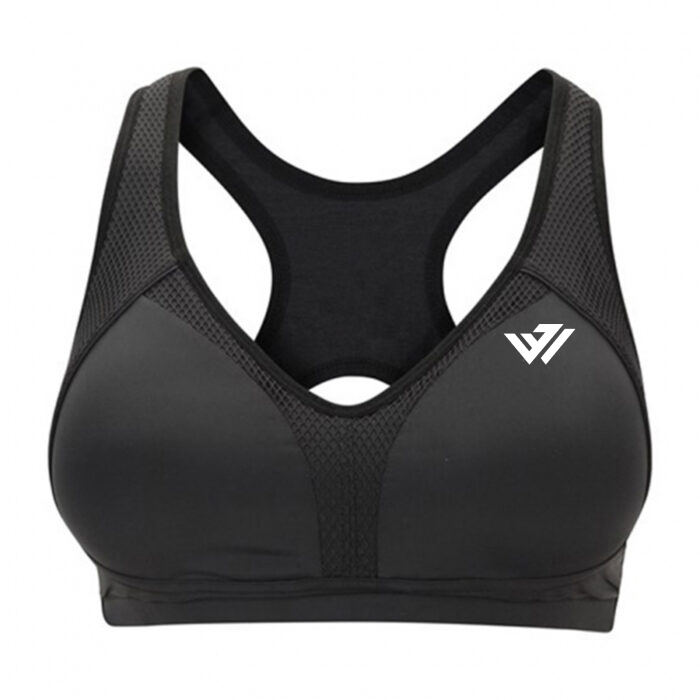 Women's black high-impact racerback sports bra with mesh inserts and custom chest logo by JACX Wears