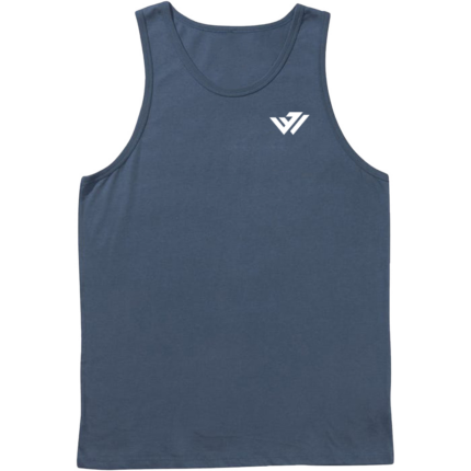 Men's slate blue athletic gym tank top with white chest logo by JACX Wears