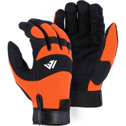 Heavy-duty orange and black mechanic work gloves with reinforced palm and custom logo by JACX Wears