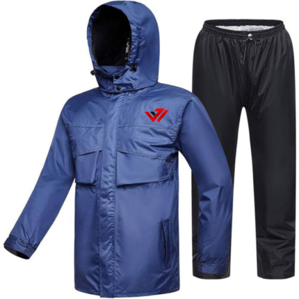 JacxWears 2-piece heavy duty work rain suit featuring a blue hooded waterproof jacket with large front pockets and black water resistant work pants.