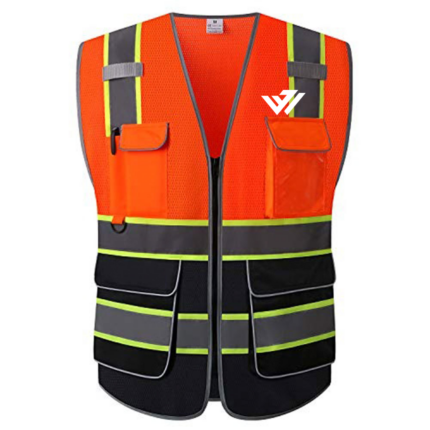 High-vis orange multi-pocket reflective safety vest with silver stripes and custom logo by JACX Wears