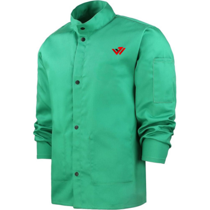 Heavy-duty green flame-resistant welding jacket with snap front closure and custom logo by JACX Wears