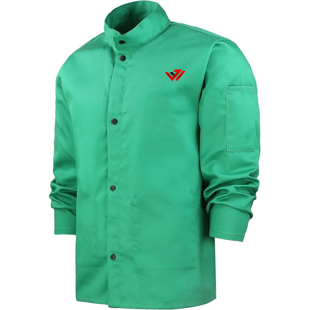 Heavy-Duty Flame-Resistant Welding Jacket Heavy-duty green flame-resistant welding jacket with snap front closure and custom logo by JACX Wears