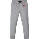 Light grey heather fleece jogger pants with black drawstrings and custom red logo print by JACX Wears