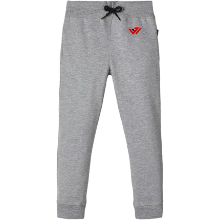 Light grey heather fleece jogger pants with black drawstrings and custom red logo print by JACX Wears
