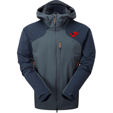 Custom two-tone navy and charcoal hooded softshell jacket with contrast zippers by JACX Wears