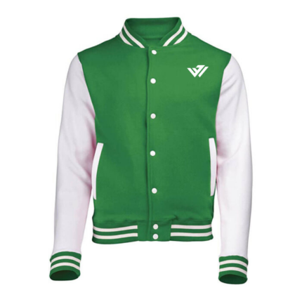 Custom forest green wool varsity jacket with white leather sleeves and striped ribbing by JACX Wears
